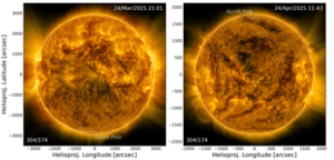 Observations avec l’instrument EUI à bord de Solar Orbiter en lumière UV du pôle sud du Soleil le 24 mars 2025 et du pôle nord le 24 avril 2025